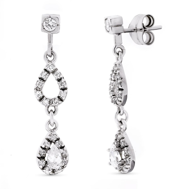 18K PENDIENTES ORO BLANCO LARGOS CIRCONITA 32X7 MM CIERRE PRESION
