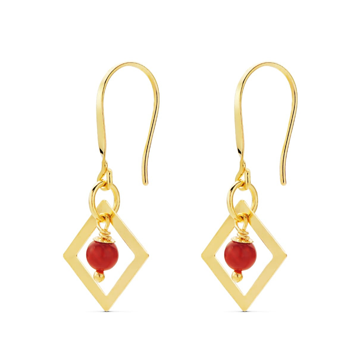 18K PENDIENTES ORO AMARILLO CUADRADO CON CORAL. MEDIDA: 30 X 14 MM. CIERRE GANCHO