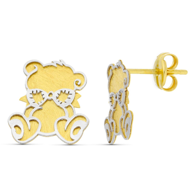 18K PENDIENTES ORO BICOLOR LASER OSO. 10X8 MM CIERRE PRESION