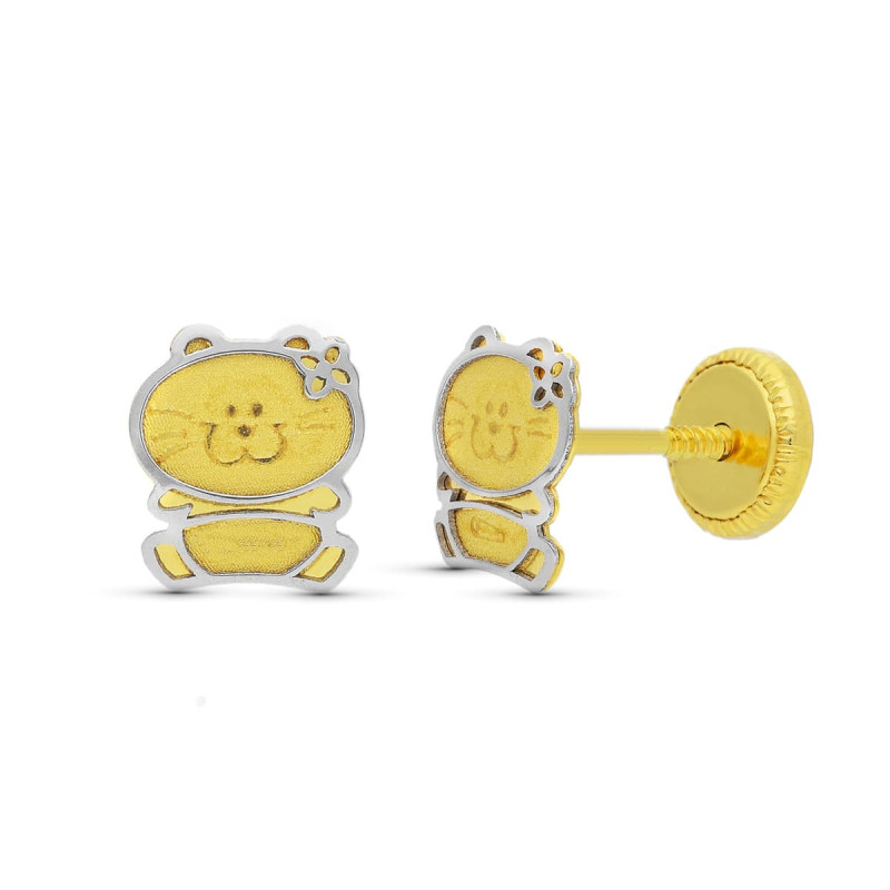 18K PENDIENTES ORO BICOLOR GATITA 6X5 MM CIERRE TUERCA