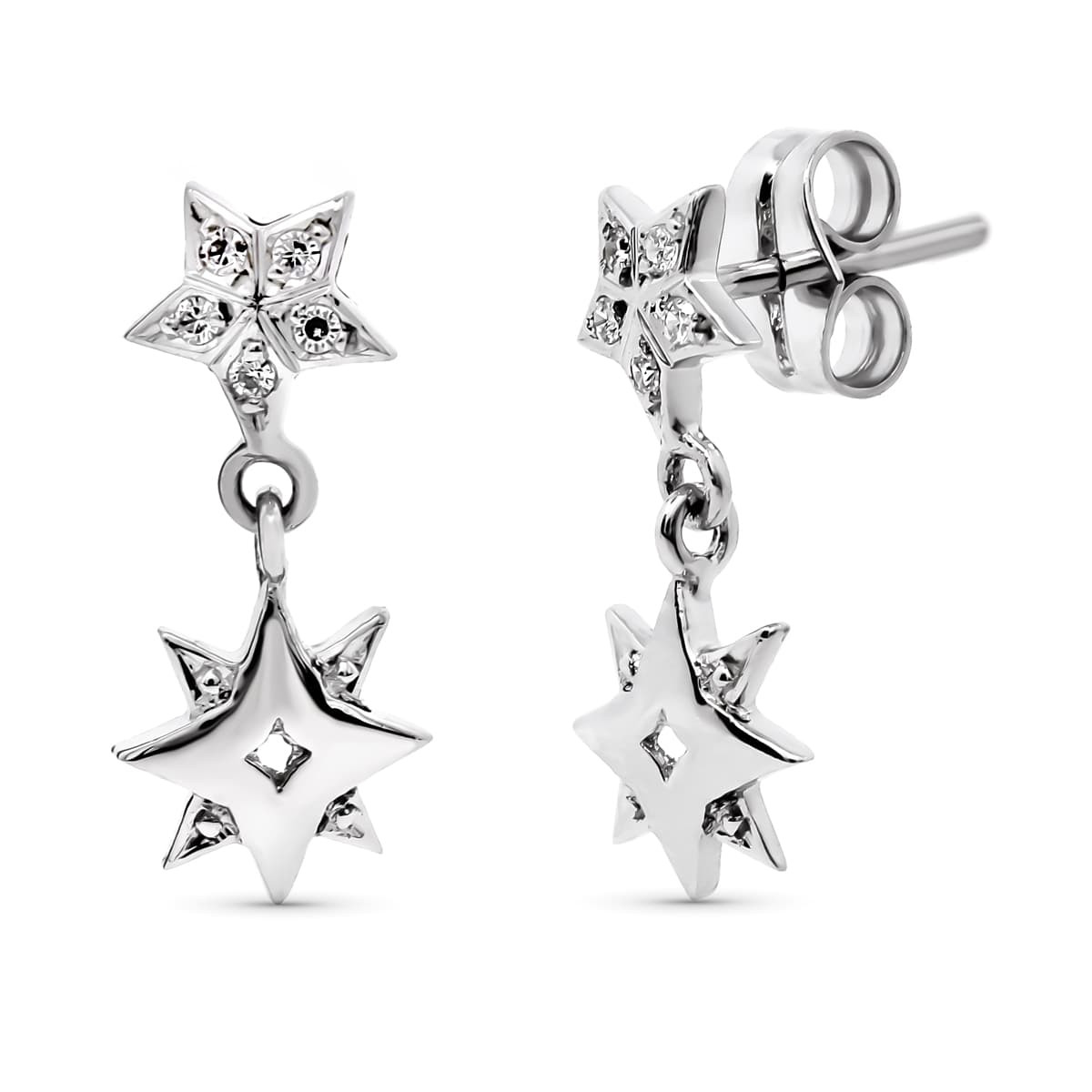 18K PENDIENTES ORO BLANCO LARGOS ESTRELLA 17X7 MM CIERRE PRESION
