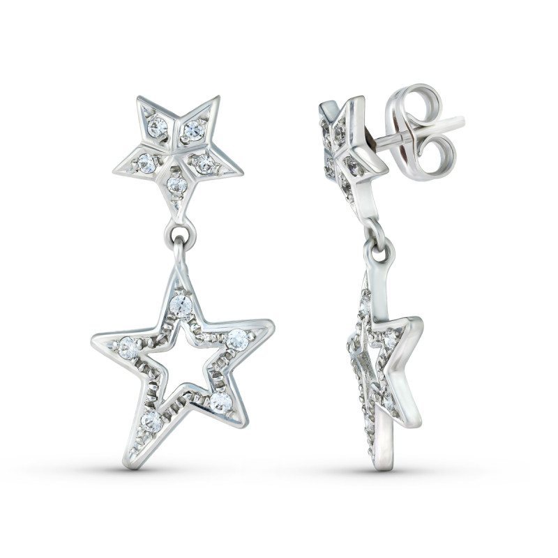 18K PENDIENTES ORO BLANCO DOS CUERPOS CON ESTRELLAS Y CIRCONTIAS 24X13 MM. CIERRE PRESION