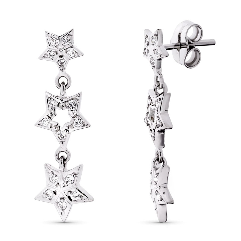 18K PENDIENTES ORO BLANCO LARGOS CIRCONITA Y ESTRELLAS. 27X8 MM CIERRE PRESION