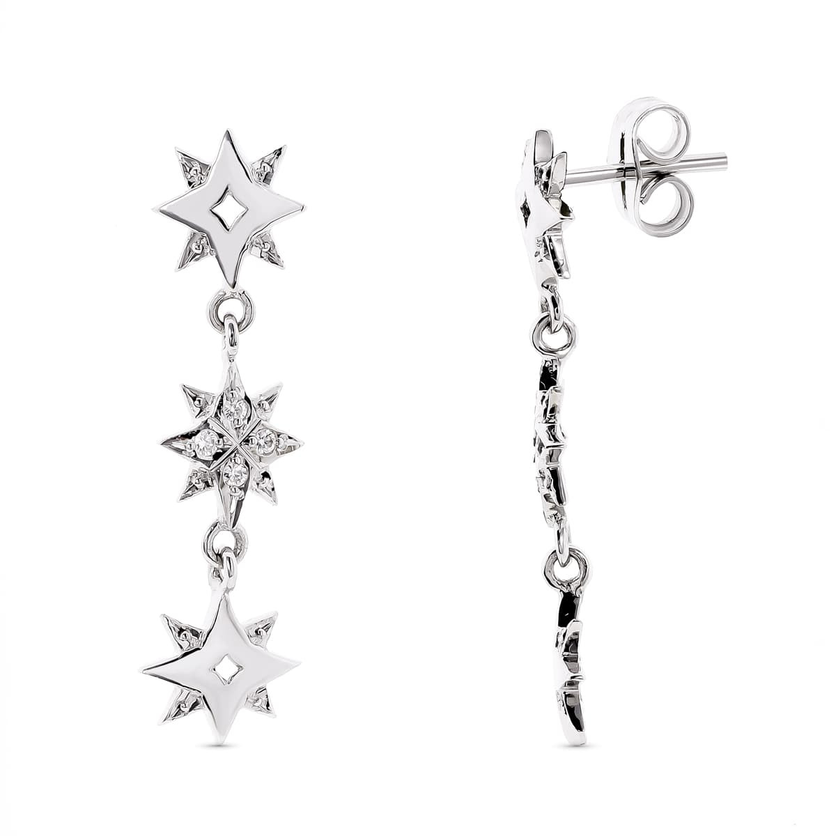 18K PENDIENTES ORO BLANCO ESTRELLAS Y CIRCONITA 28X6 MM CIERRE PRESION