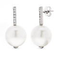 18K PENDIENTES ORO BLANCO LARGOS PERLA 14 MM Y CIRCONITA CIERRE PRESION