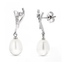 18K PENDIENTES ORO BLANCO LARGOS PERLA PERA Y CIRCONITA CIERRE PRESION
