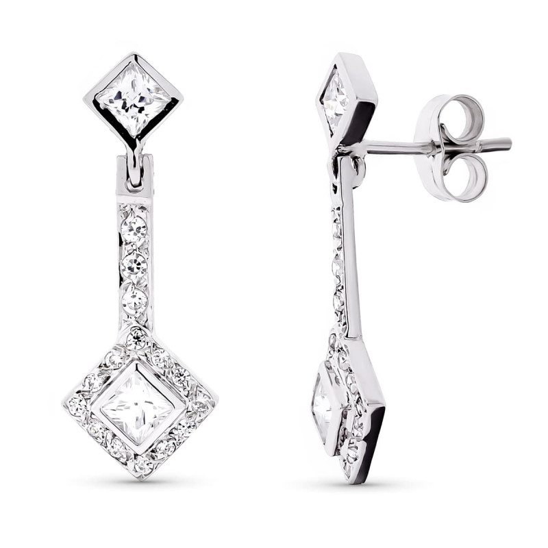 18K PENDIENTES ORO BLANCO LARGOS CIRCONITA 24X9 MM CIERRE PRESION