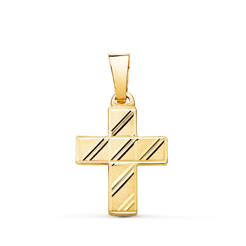 18K CRUZ ORO AMARILLO HUECA TALLADA. MEDIDA:  20X14 MM. PALO RECTANGULAR ALTO: 2,5 MM