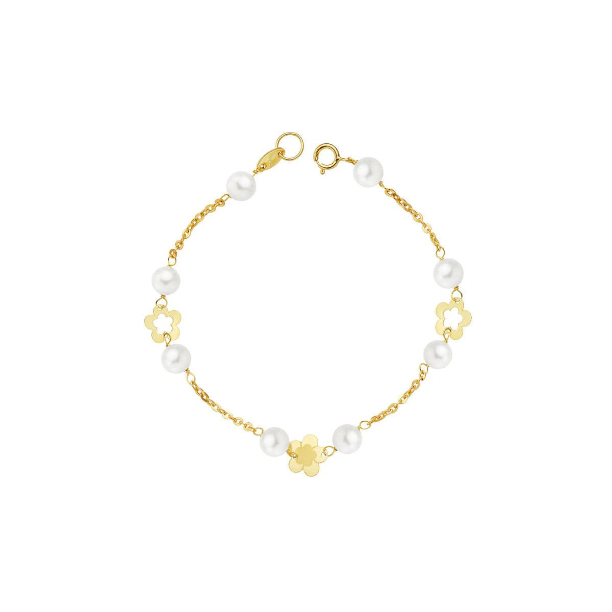 18K PULSERA ORO AMARILLO PERLA Y FLORES 17CM