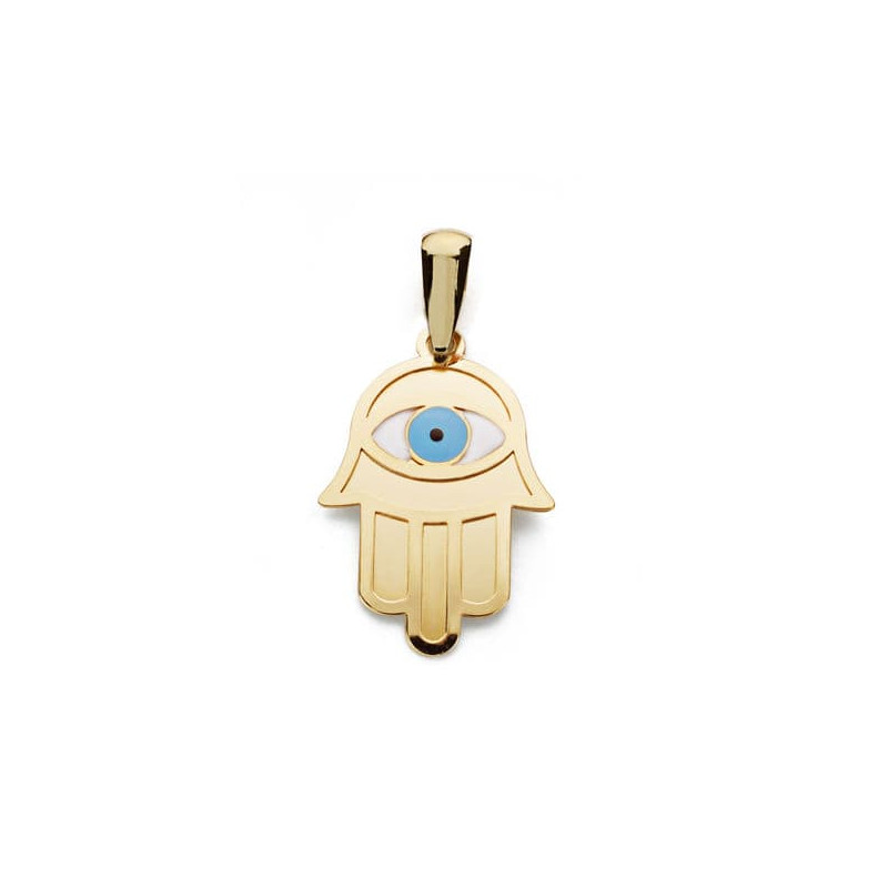 18K COLGANTE AMULETO ORO AMARILLO MANO DE FATIMA Y OJO TURCO 19X13 MM