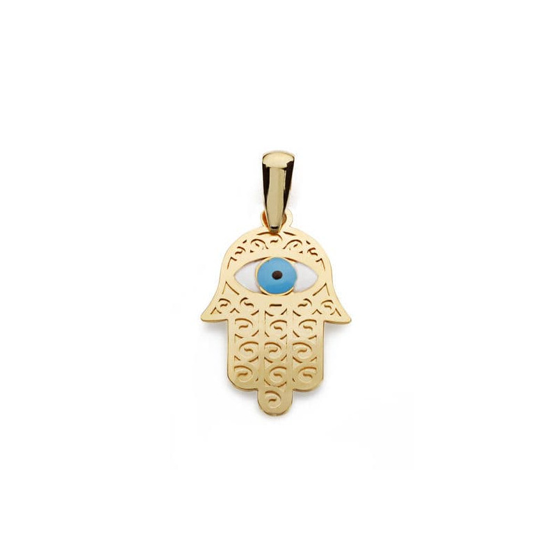 18K COLGANTE AMULETO ORO AMARILLO MANO DE FATIMA Y OJO TURCO 19X13 MM