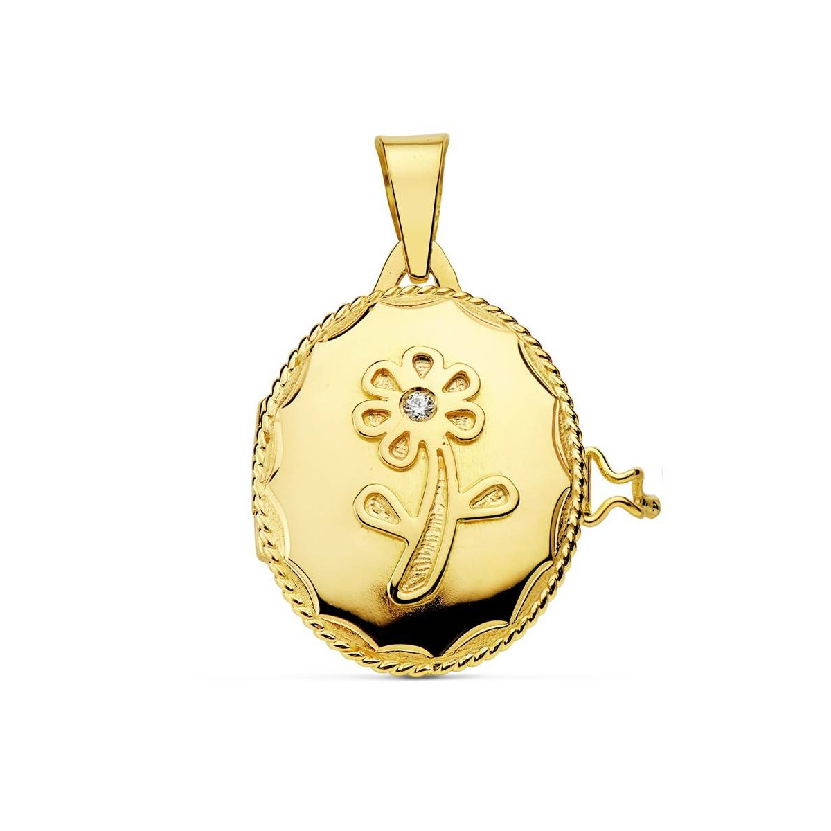 18K COLGANTE GUARDAPELO DIJE PORTAFOTOS ORO AMARILLO FLOR CIRCONITA 22X19 MM