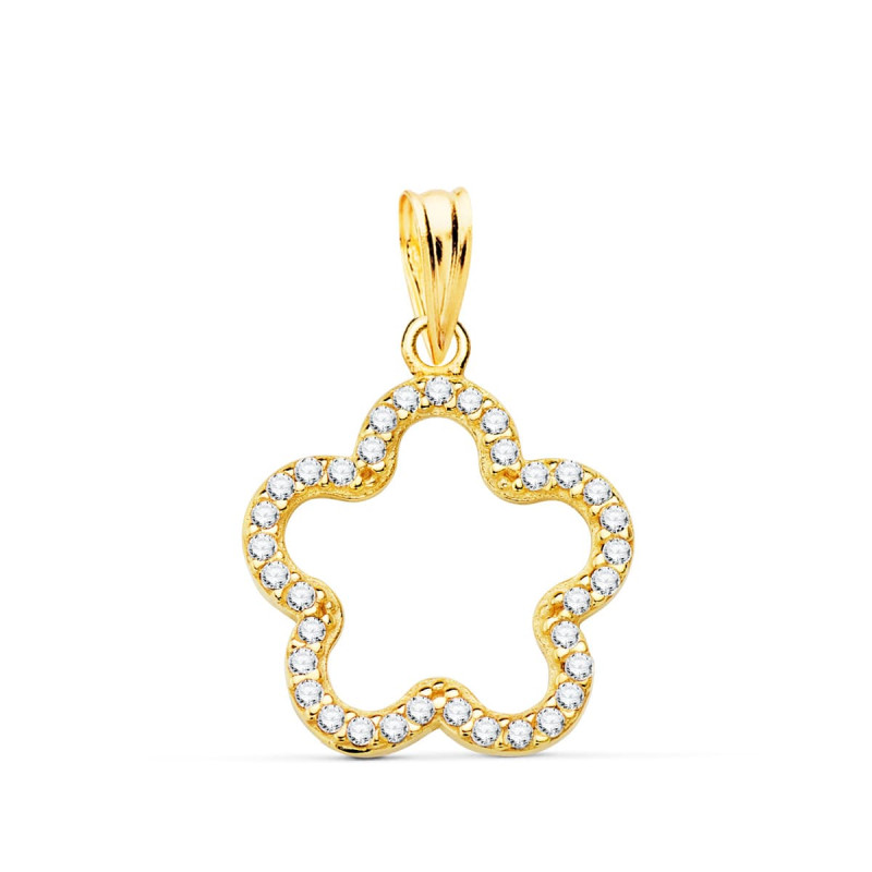 18K COLGANTE AMULETO ORO AMARILLO FLOR CON CIRCONITA 16X16 MM