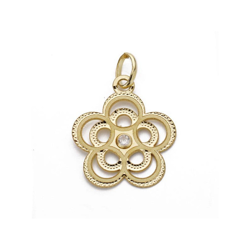 18K COLGANTE AMULETO ORO AMARILLO FLOR CALADA CIRCONITA 17X15 MM