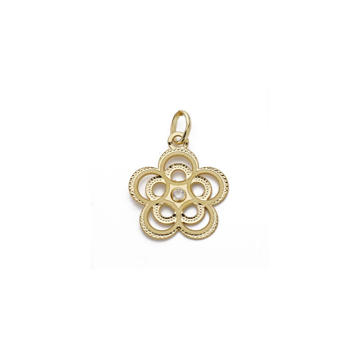 18K COLGANTE AMULETO ORO AMARILLO FLOR CALADA CIRCONITA 17X15 MM