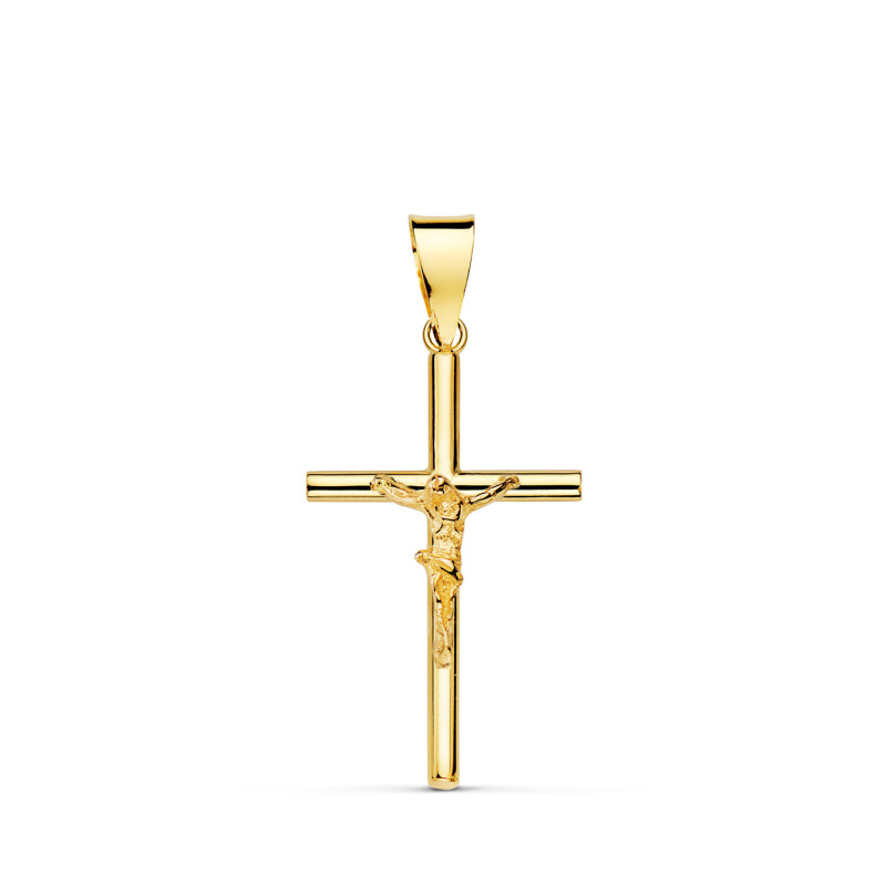 18K CRUZ ORO AMARILLO CON CRISTO TUBO HUECO 21 X 13 X 3 MM