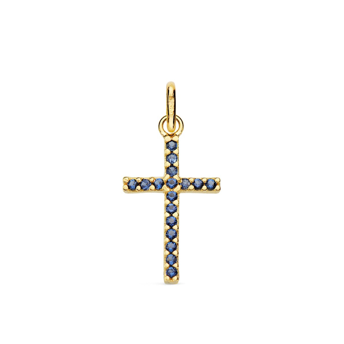 18K CRUZ ORO AMARILLO CON CIRCONITAS AZULES. MEDIDA: 18X10 MM