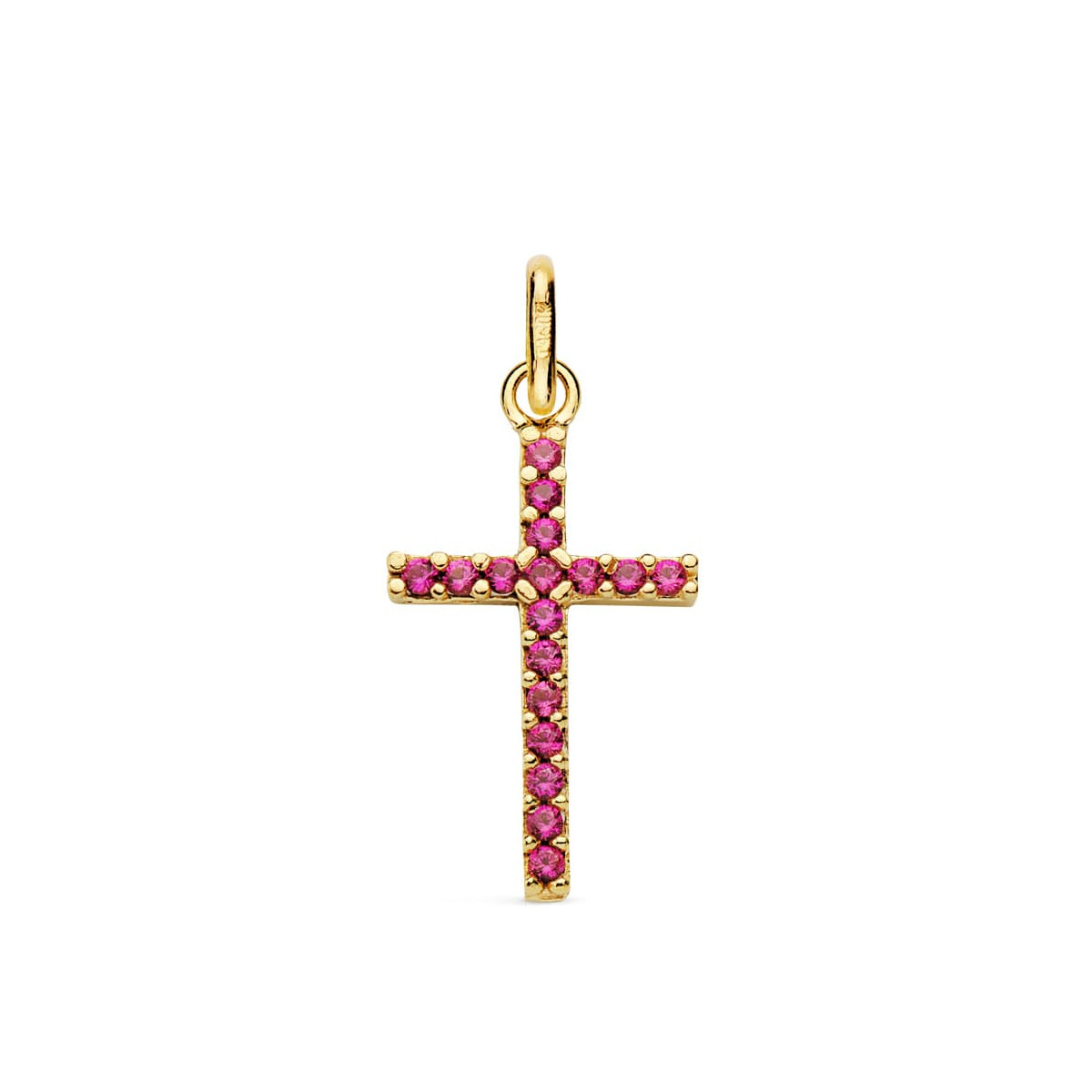18K CRUZ ORO AMARILLO CON CIRCONITAS ROJAS. MEDIDA: 18X10 MM