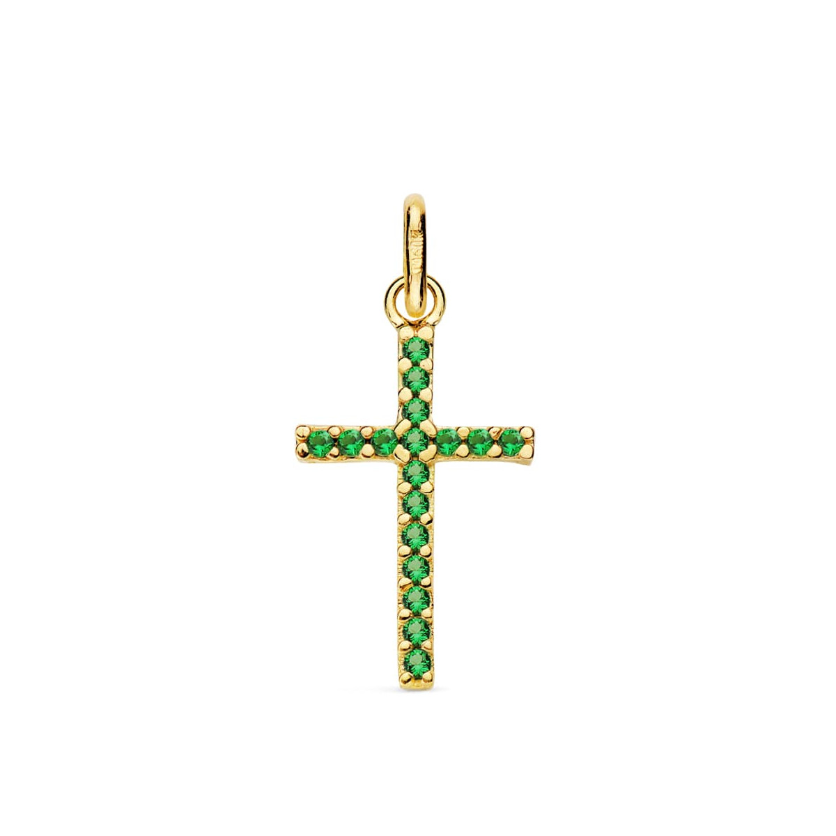 18K CRUZ ORO AMARILLO CON CIRCONITAS VERDES. MEDIDA: 18X10 MM