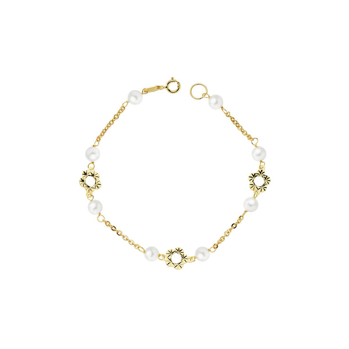 18K PULSERA ORO AMARILLO FLOR Y PERLAS 5 MM 18CM