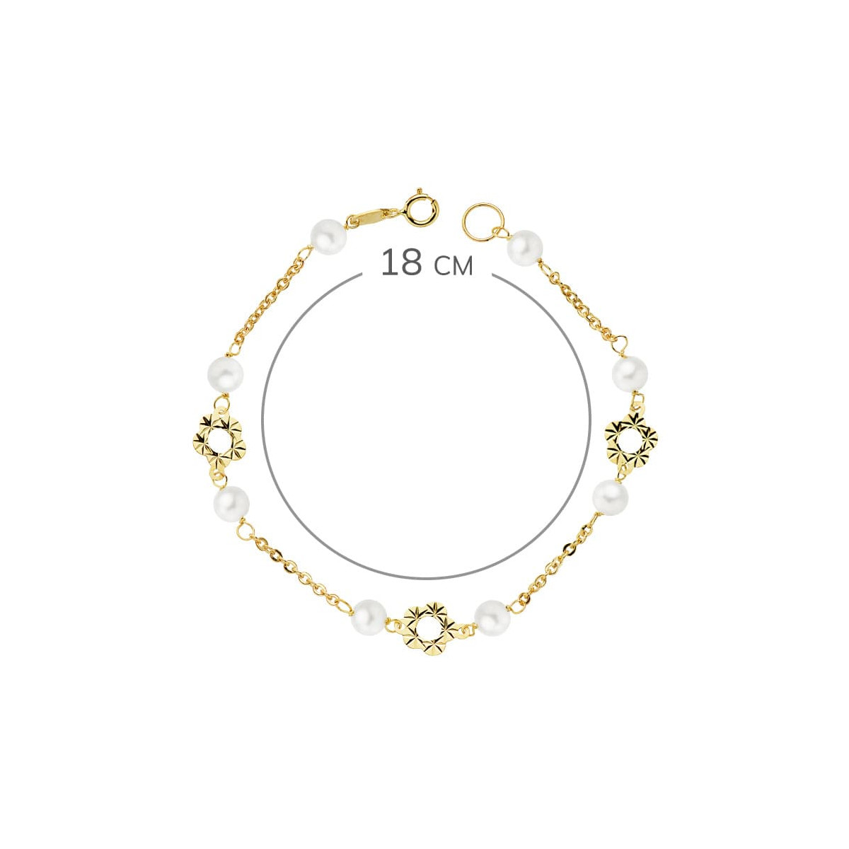18K PULSERA ORO AMARILLO FLOR Y PERLAS 5 MM 18CM
