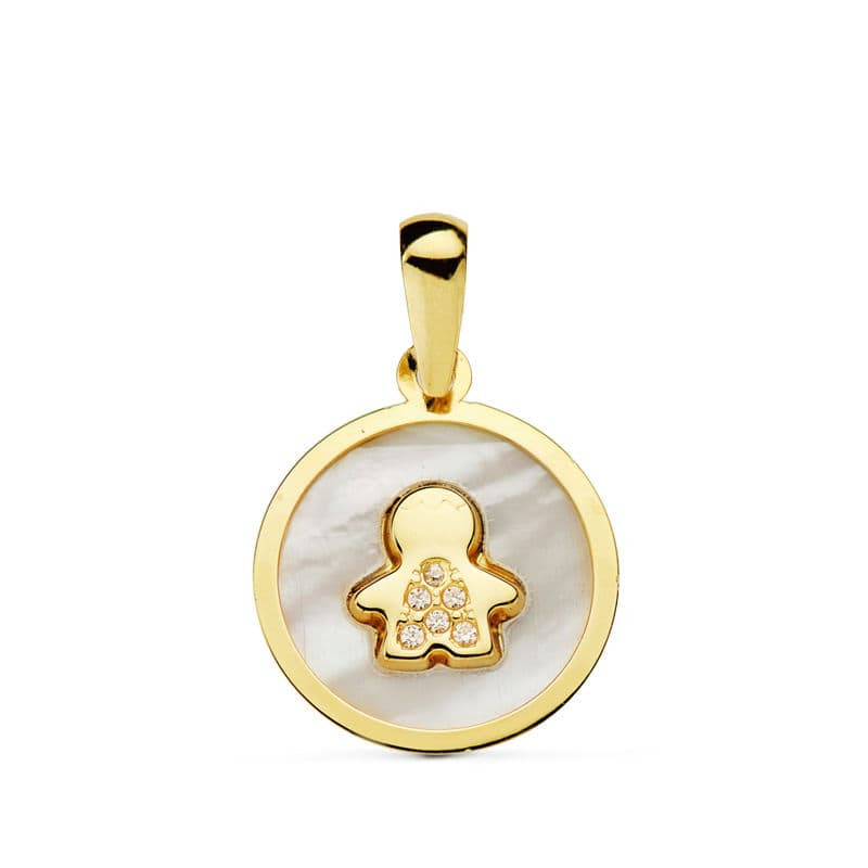18K COLGANTE ORO AMARILLO NACAR NIÑO CIRCONITA 12 MM