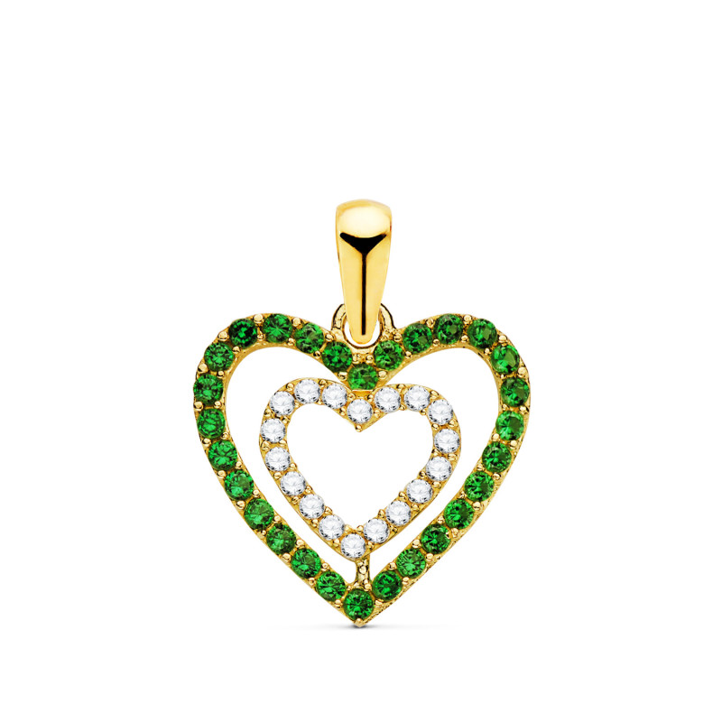 18K COLGANTE ORO AMARILLO CORAZONES CON CIRCONITA VERDES Y BLANCAS 15 X 14MM