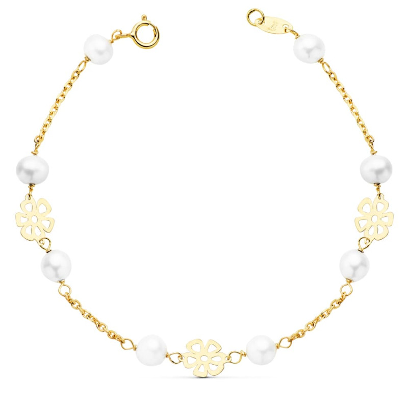 18K PULSERA ORO AMARILLO COMUNION FLORES CALADAS 17CM