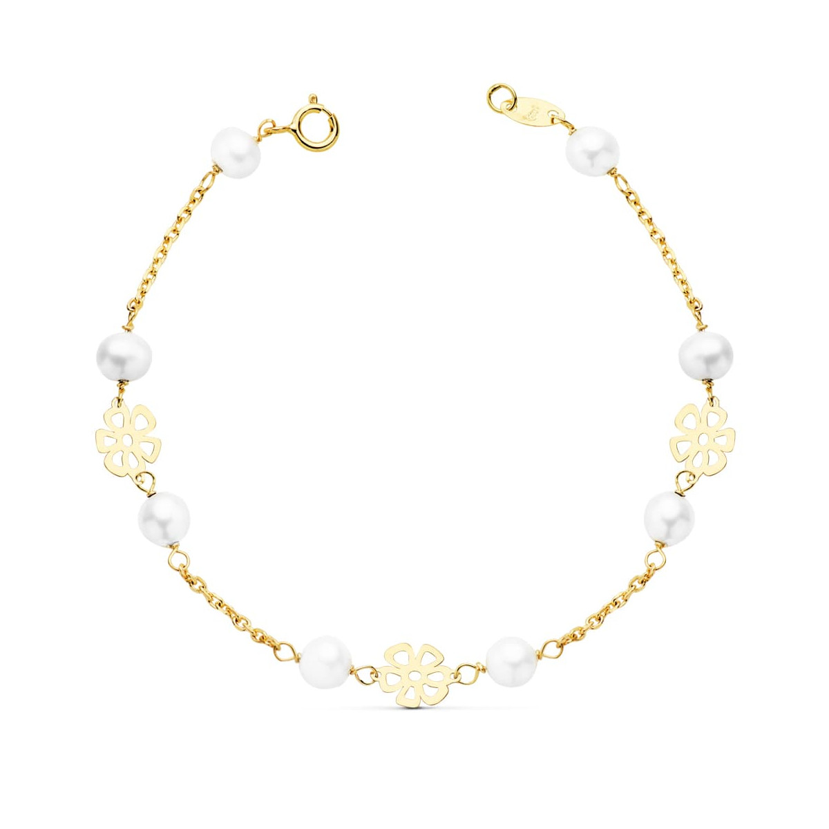 18K PULSERA ORO AMARILLO COMUNION FLORES CALADAS 17CM