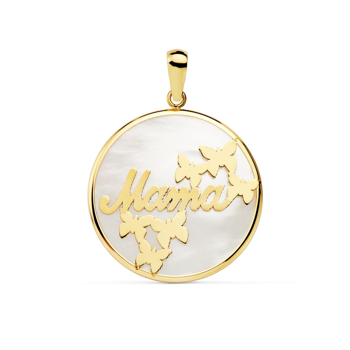 18K COLGANTE ORO AMARILLO MAMA NACAR MARIPOSAS 20 MM