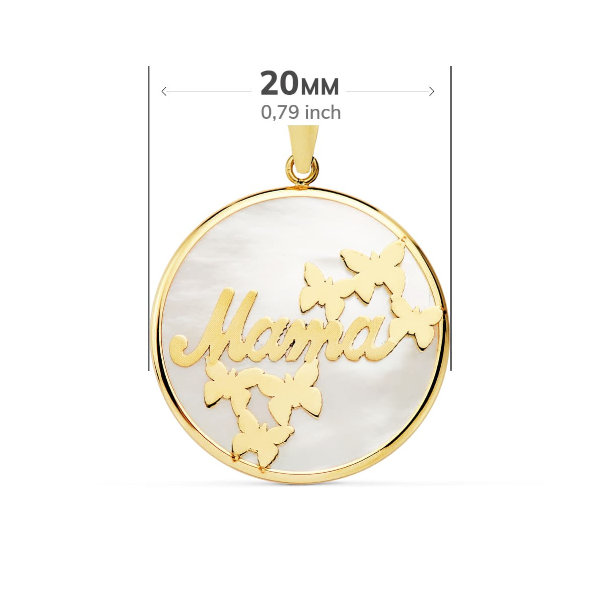 18K COLGANTE ORO AMARILLO MAMA NACAR MARIPOSAS 20 MM
