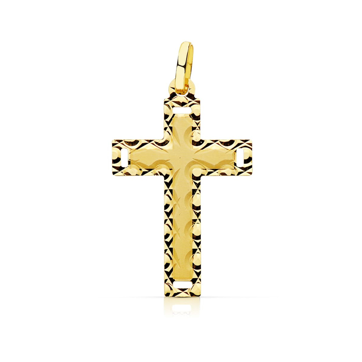 18K CRUZ ORO AMARILLO SIN CRISTO TALLADA 28X17 MM