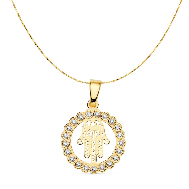 18K COLGANTE CON CADENA ORO AMARILLO MANO DE FATIMA CIRCONITA 15 MM