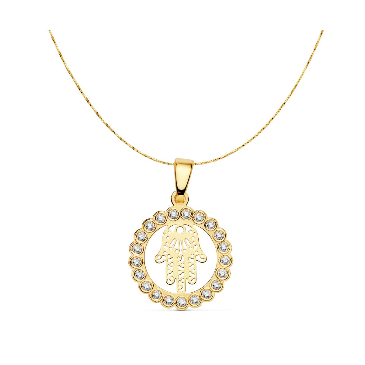 18K COLGANTE CON CADENA ORO AMARILLO MANO DE FATIMA CIRCONITA 15 MM