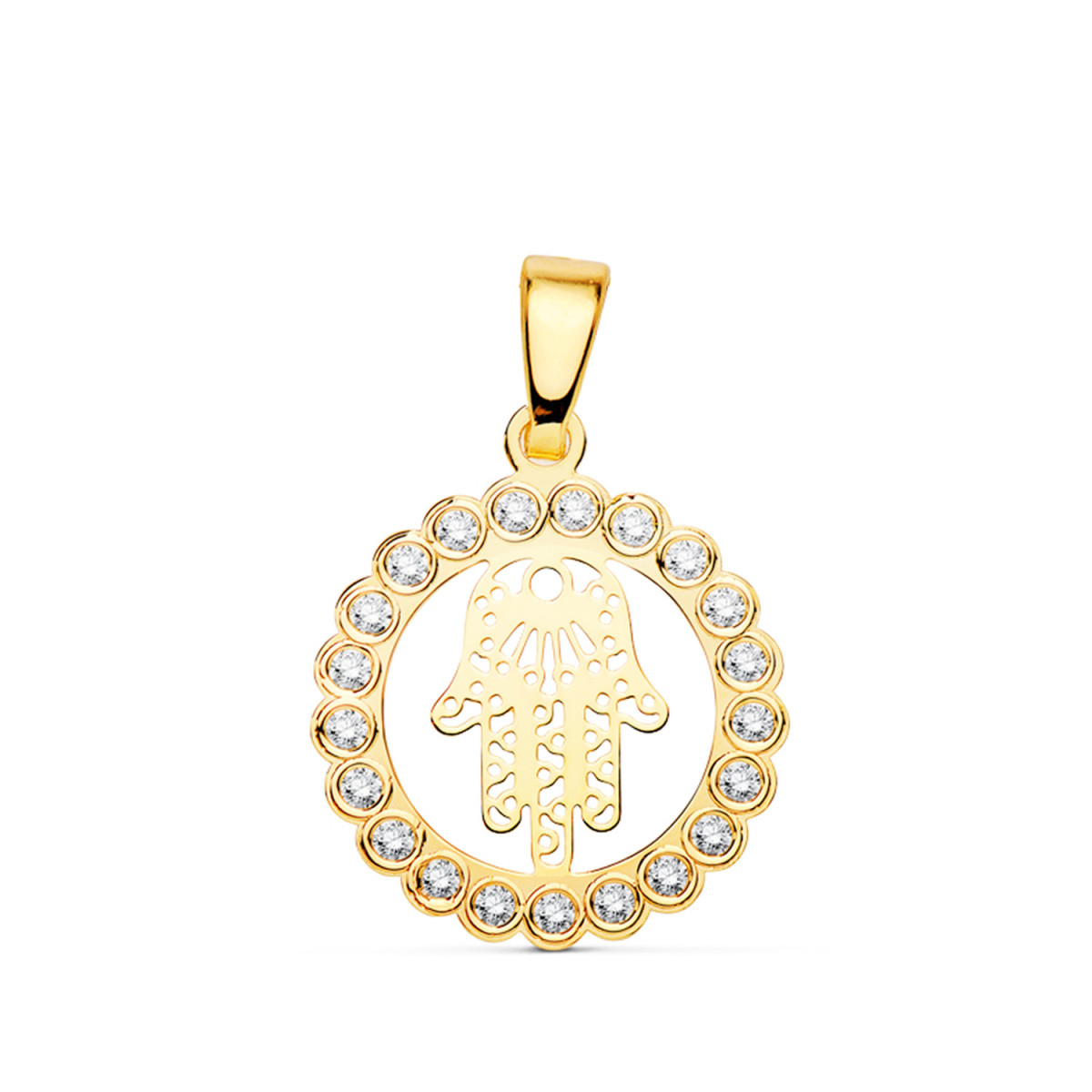 18K COLGANTE AMULETO ORO AMARILLO MANO DE FATIMA CIRCONITA 15 MM
