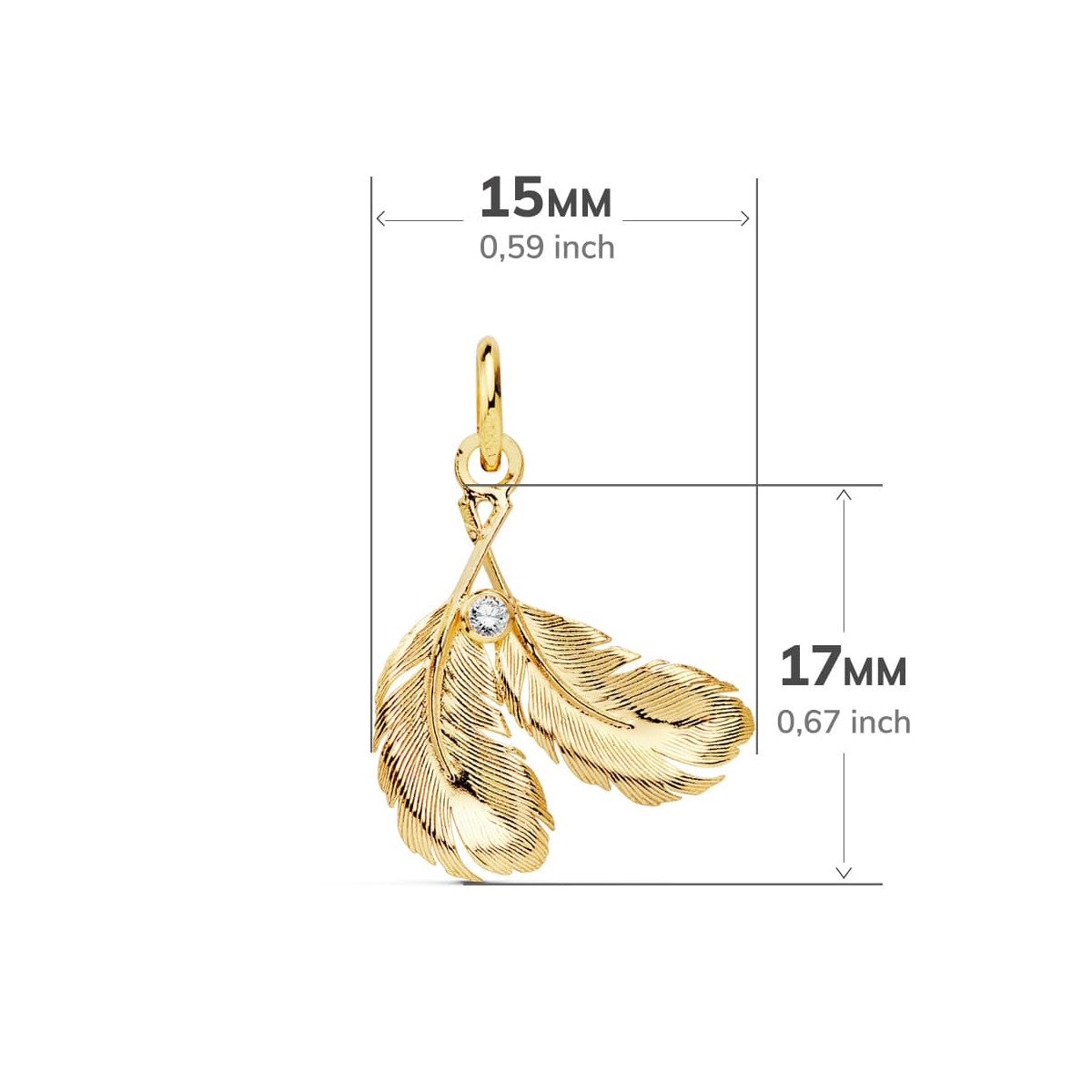 18K COLGANTE AMULETO ORO AMARILLO DOS PLUMAS 17X15 MM
