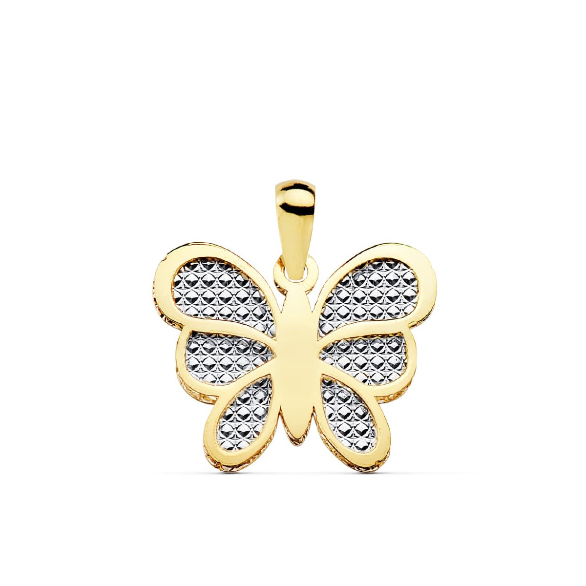18K COLGANTE ORO BICOLOR MARIPOSA INTERIOR TALLADO 17X14 MM