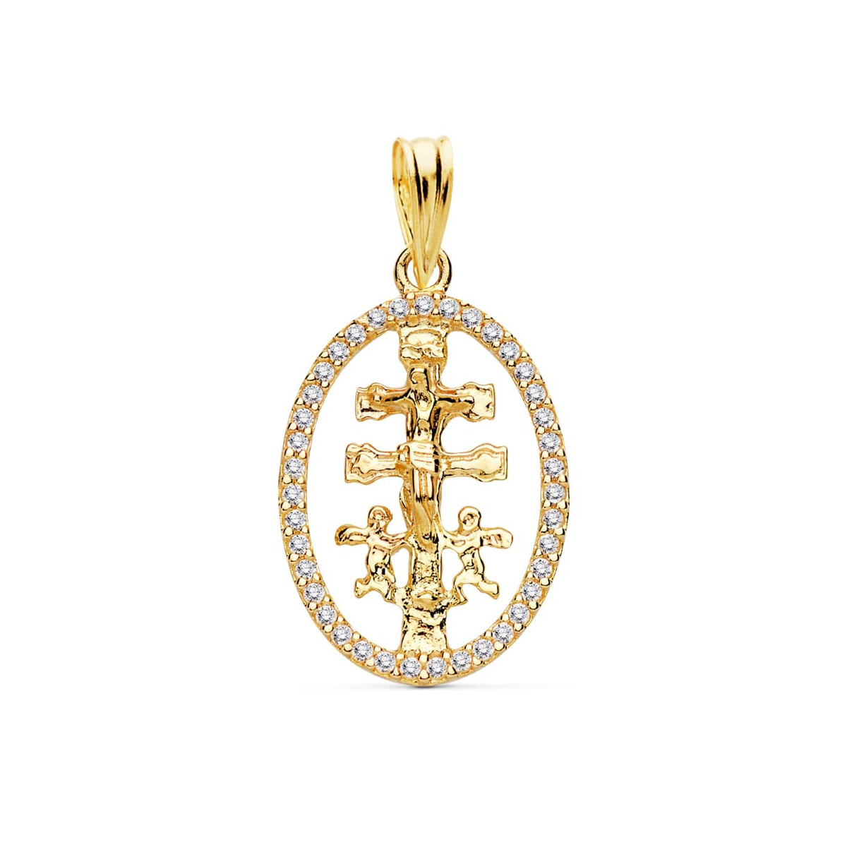 18K COLGANTE ORO AMARILLO CRUZ CARAVACA ORLA 18X13 MM