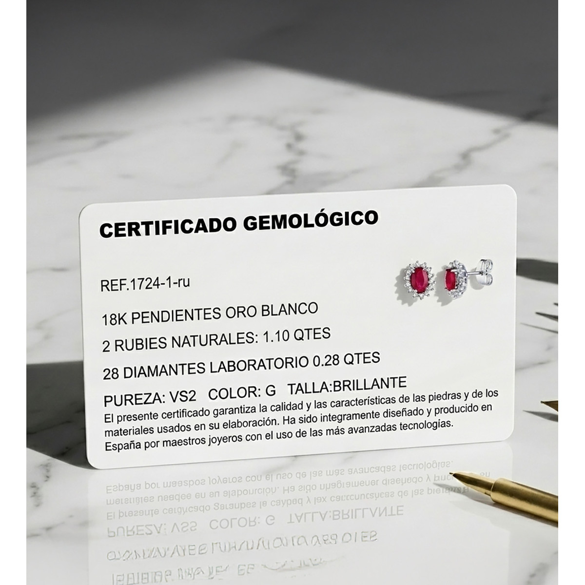 18K PENDIENTES ORO BLANCO 28 DIAMANTES LABORATORIO Y RUBI 6X4 MM 1,10 QT  0,28 QTS. VS2-G CIERRE PRESION 9,5X8 MM