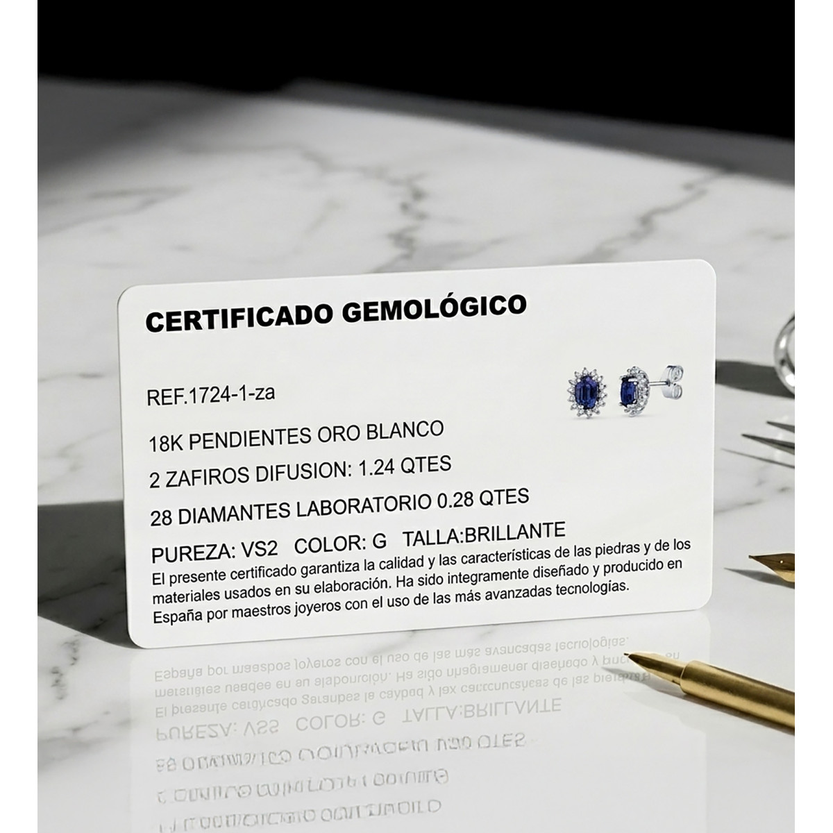 18K PENDIENTES ORO BLANCO 28 DIAMANTES LABORATORIO Y ZAFIRO DIFUSION 6X4 MM 1,24 QT. 0,28 QTS. VS2-G CIERRE PRESION 9,5X8 MM