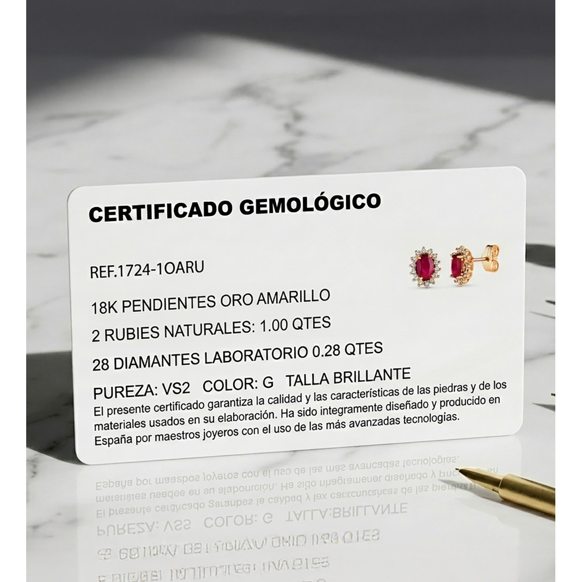 18K PENDIENTES ORO AMARILLO RUBI NATURAL 6X4 MM 1,00QT Y DIAMANTES LABORATORIO 0,280QT VS-2 G. 10X8 MM CIERRE PRESION