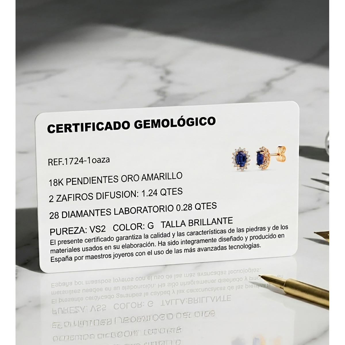 18K PENDIENTES ORO AMARILLO ZAFIRO DIFUSION 6X4 MM 1,24 QT Y 28 DIAMANTES LABORATORIO 0,280QT VS2-G. 9,5X8 MM CIERRE PRESION