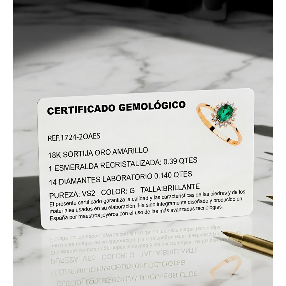 18K SORTIJA ORO AMARILLO ESMERALDA RECRISTASLIZADA  6X4MM 0,39 QTS. DIAMANTES LABORATORIO 0,140 QTS. VS2-G 9,5X8 MM