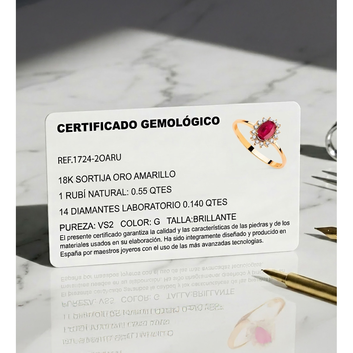 18K SORTIJA ORO AMARILLO RUBI 6x4 MM 0,55 QTS. DIAMANTES LABORATORIO 0,140 QTS. VS2-G. MEDIDA: 9,5X8 MM