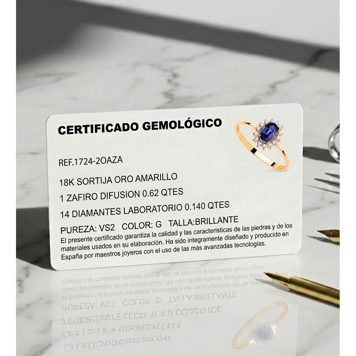 18K SORTIJA ORO AMARILLO DIAMANTES LABORATORIO 0,140 QTS. VS2-G 9 ZAFIRO DIFUSION 6x4 MM 0,62 QTS. 9,5 X 8 MM