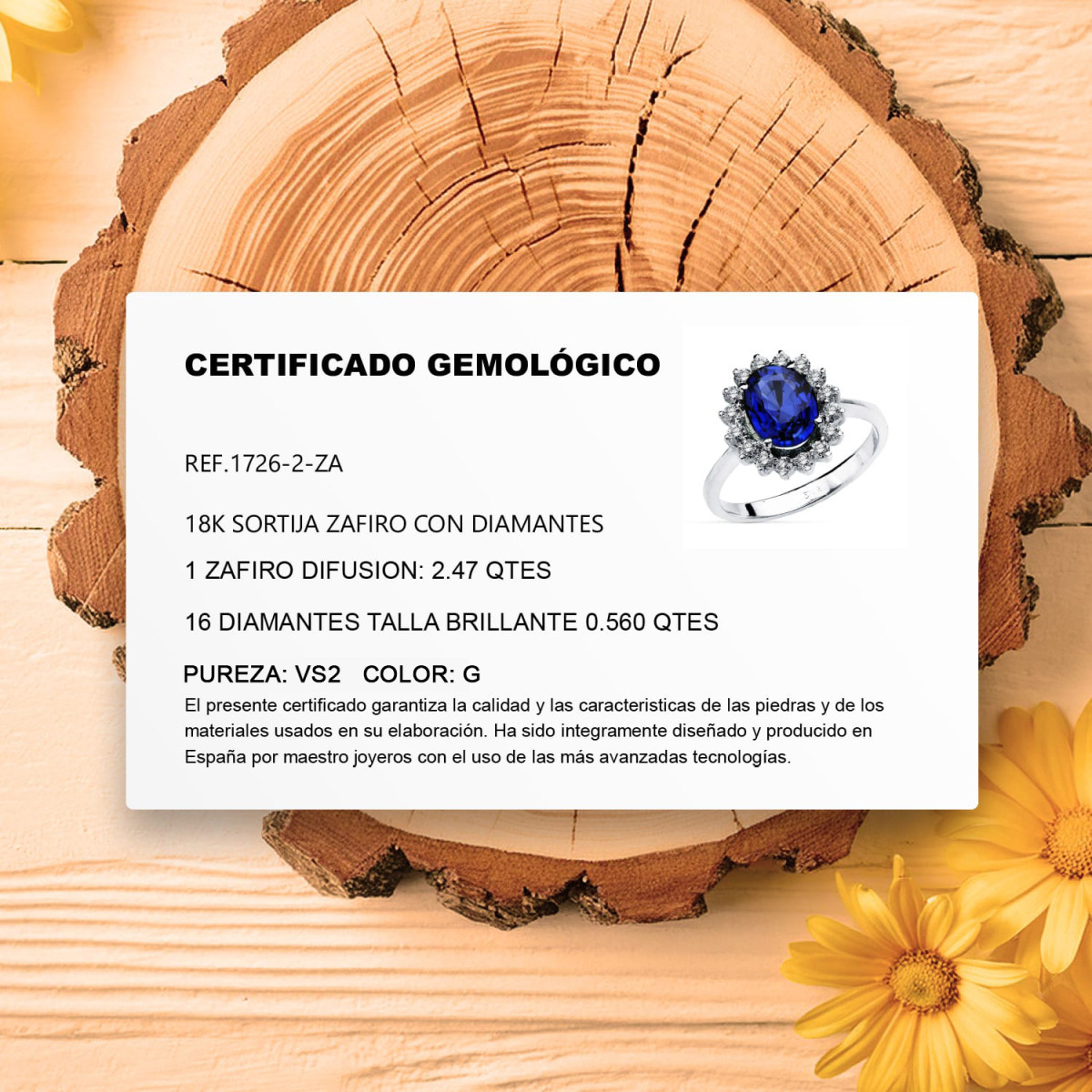 18K SORTIJA ORO BLANCO DIAMANTES DE LABORATORIO  0,52 QT. VS2-G. MEDIDA: 14X12,5 MM ZAFIRO DIFUSION 9X7 MM 2,47 QT.