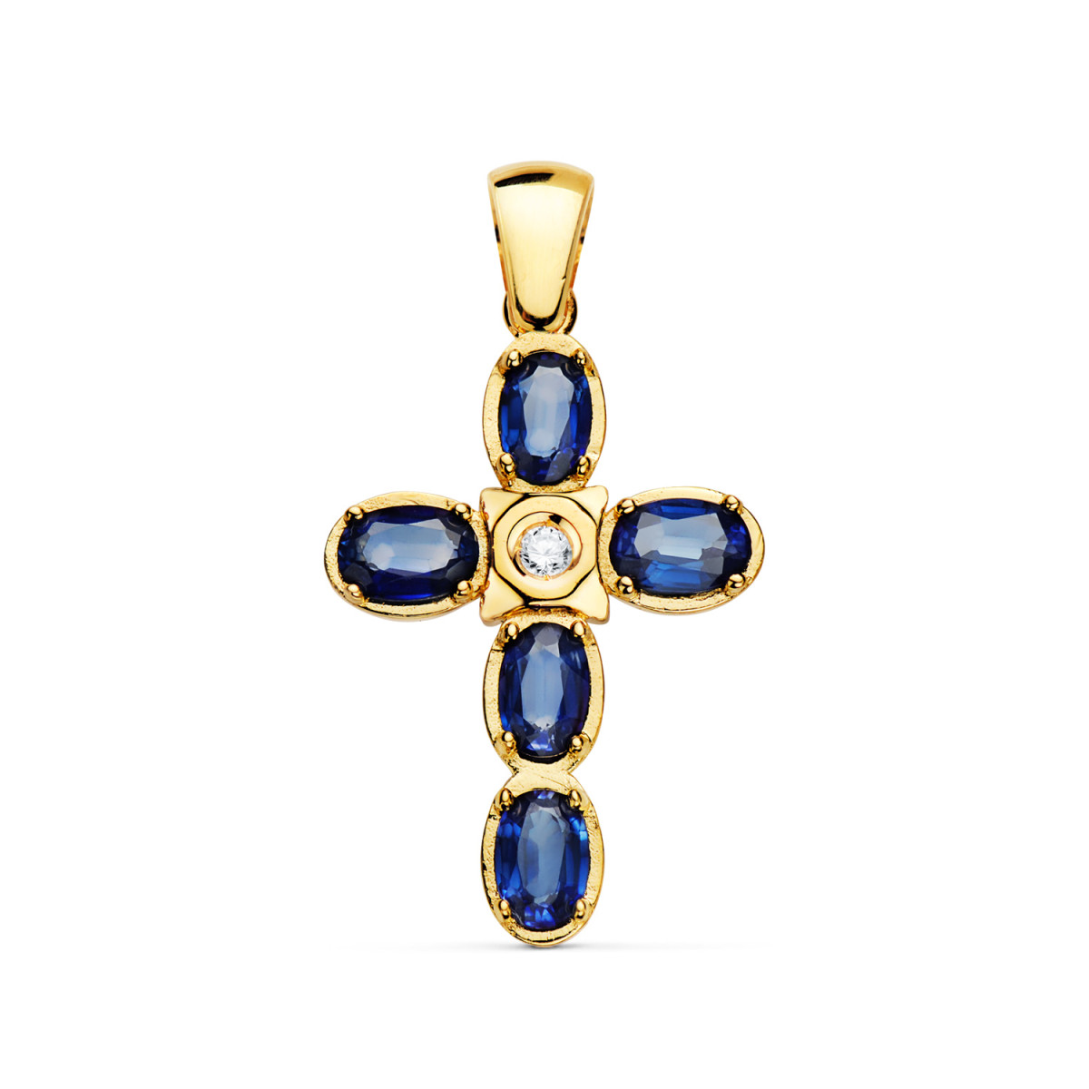 18K CRUZ ORO AMARILLO DIAMANTE LABORATORIO 0,045 QTS. VS2-G ZAFIROS DIFUSION 6X4 MM 3,10 QTS. VS2-G 28X19 MM