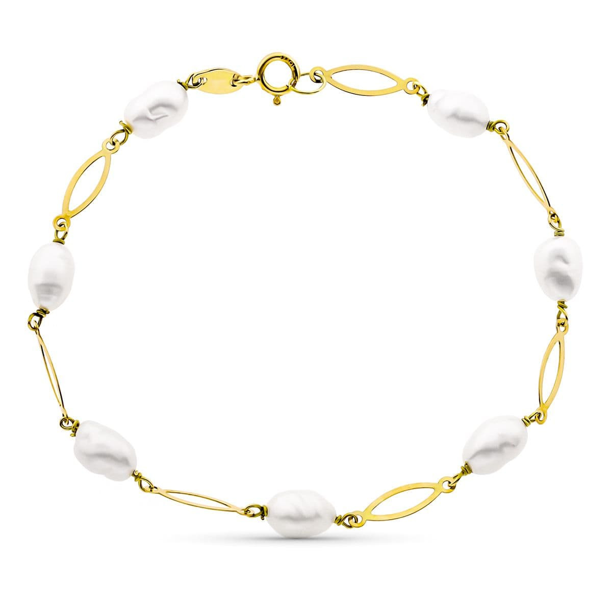 18K PULSERA ENTREPIEZA Y PERLA ORO AMARILLO 16.5 CM PERLA 4 MM