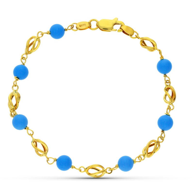 18K PULSERA ORO AMARILLO JAULA TURQUESA 17CM