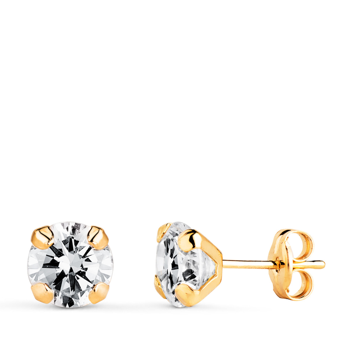 18K PENDIENTES ORO AMARILLO CIRCONITA CON 4 GARRAS. MEDIDA: 6 X 6 MM. CIERRE PRESION
